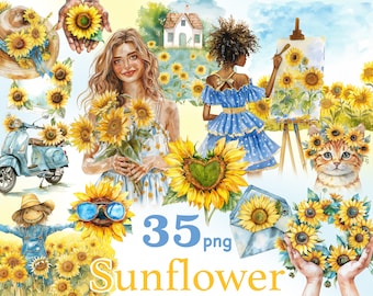 Clipart fille tournesol : lot PNG avec couronne et cadre (téléchargement numérique)