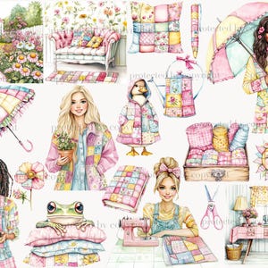 May include: A set of digital illustrations featuring a patchwork theme. The illustrations include a house, a couch, a watering can, a frog, a sun, a sewing machine, a woman with a sewing machine, a woman with an umbrella, a woman with a plant, a duck, and a variety of fabric scraps.