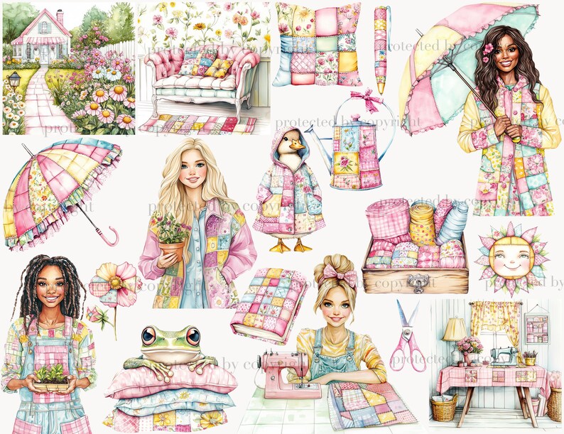 May include: A set of digital illustrations featuring a patchwork theme. The illustrations include a house, a couch, a watering can, a frog, a sun, a sewing machine, a woman with a sewing machine, a woman with an umbrella, a woman with a plant, a duck, and a variety of fabric scraps.