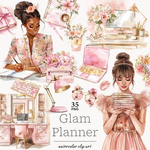Glam Planner clip art, Planner mulher clipart, Planner menina negra png, Chic planner menina png, home office clipart, rosa ouro planner clipart
