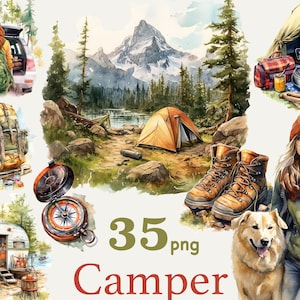 Camping Clipart Bundle, Hiking Clipart PNG, Camping Girl Junk Journal Scrapbooking Art, camping woman clipart, Landscape clipart, Hiker png