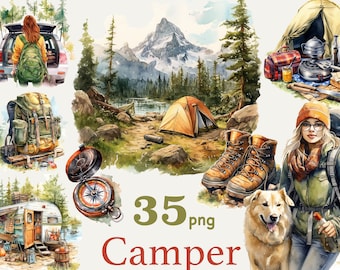 Camping Clipart Bundle, Hiking Clipart PNG, Camping Girl Junk Journal Scrapbooking Art, camping woman clipart, Landscape clipart, Hiker png