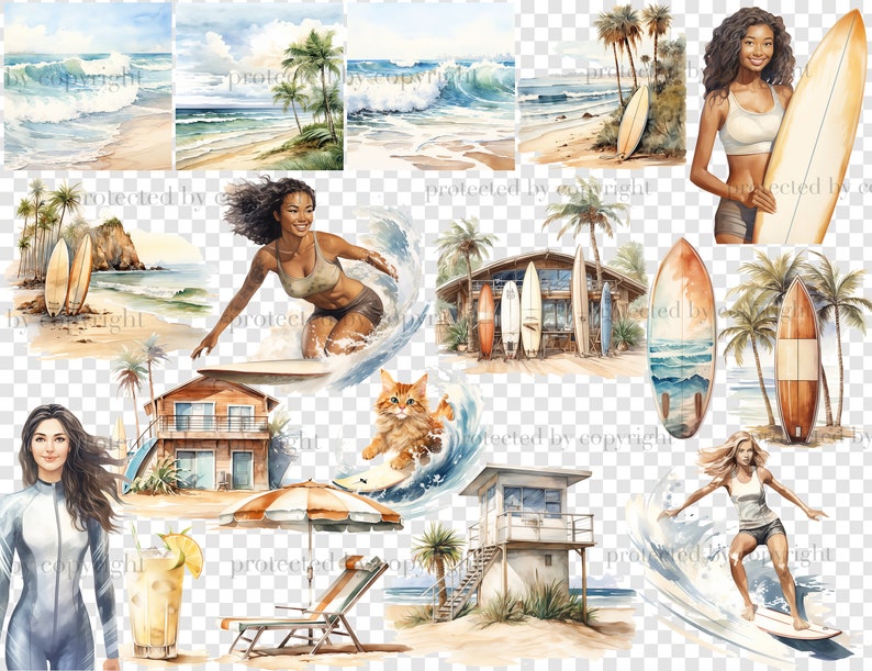 Surf Girl Clipart: Summer Surfing PNG Graphics (Digital Download) image 6