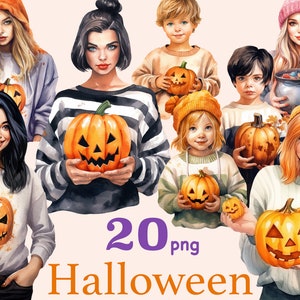 Clipart acquerello di Halloween per bambina, clipart Dolcetto o scherzetto, clipart ragazza autunnale, clipart donna di Halloween png, ragazzino di Halloween png