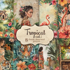 Pagina del diario spazzatura tropicale, diario spazzatura fenicottero, stampabile esotico, diario spazzatura stampabile, diario spazzatura donna, kit diario spazzatura ragazza nera