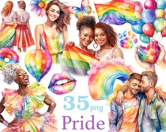 May include: A set of 35 digital illustrations featuring a rainbow theme. The illustrations include a rainbow flag, a rainbow heart, a rainbow balloon, a rainbow cloud, a rainbow donut, a rainbow hot air balloon, a rainbow flower, a rainbow butterfly, a rainbow paw print, a rainbow couple, a rainbow person, and a rainbow text that says "35 png Pride".