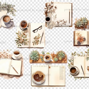 May include: A collection of watercolor illustrations featuring open notebooks, coffee cups, succulents, and pencils. The illustrations are set against a white background.