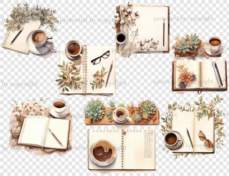May include: A collection of watercolor illustrations featuring open notebooks, coffee cups, succulents, and pencils. The illustrations are set against a white background.