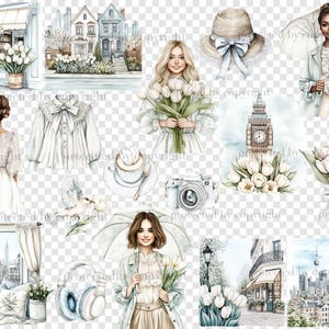 K&ouml;nnte beinhalten: Eine digitale Collage mit Illustrationen von wei&szlig;en Blumen, einer Frau in einem wei&szlig;en Kleid, einer Frau in einem blauen Mantel, einer Frau mit einem Regenschirm, einem Geb&auml;ude mit einem Uhrturm, einer Tasse Kaffee, einer Kamera, einem Fenster mit Blick auf eine Stadt, einem Kopfh&ouml;rer und einer Stadtlandschaft.