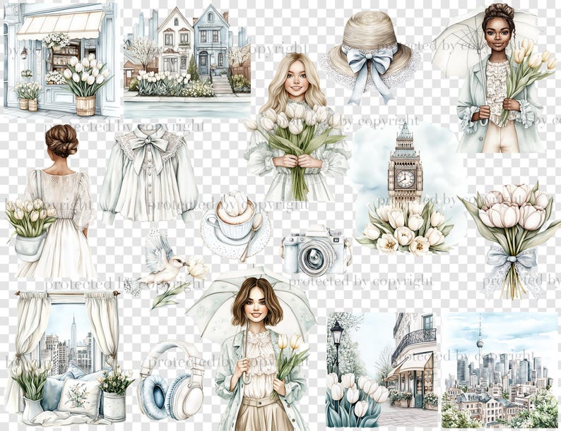 K&ouml;nnte beinhalten: Eine digitale Collage mit Illustrationen von wei&szlig;en Blumen, einer Frau in einem wei&szlig;en Kleid, einer Frau in einem blauen Mantel, einer Frau mit einem Regenschirm, einem Geb&auml;ude mit einem Uhrturm, einer Tasse Kaffee, einer Kamera, einem Fenster mit Blick auf eine Stadt, einem Kopfh&ouml;rer und einer Stadtlandschaft.