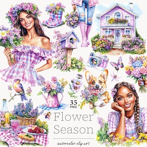 Clipart de primavera, clip art de verano, flor de primavera png, clipart de primavera colorida, clip art de primavera brillante, clipart de hola primavera, clipart de núcleo de cabaña