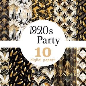 Schwarz und Gold Folie Art Deco digitales Papier, Flapper nahtlose Muster, Retro-Hochzeitseinladungspapier, Geburtstagsfeier nahtloses Muster
