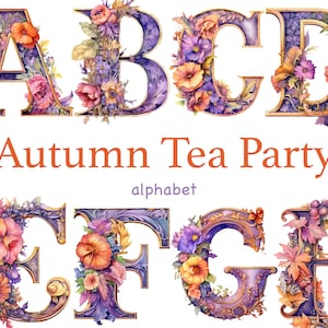 Clipart de Autumn Tea Party, letras do alfabeto Autumn Tea Party, letras de flores de outono, alfabeto de flores roxas, cartas de convites de casamento png