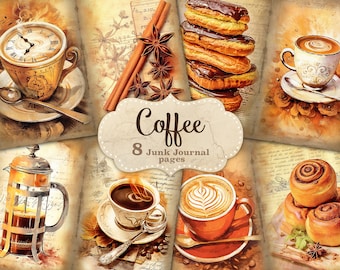 Páginas de diario basura de café vintage, tarjeta de diario de chocolate, páginas de collage de artículos de bebida delicados, hoja de collage digital de canela, amantes del café