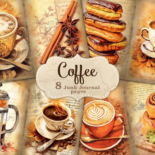 Vintage Coffee Junk Journal Pages, Chocolate Journal Card, Delicate Drinkware Collage Pages, Cinnamon Digital Collage Sheet, Coffee Lovers