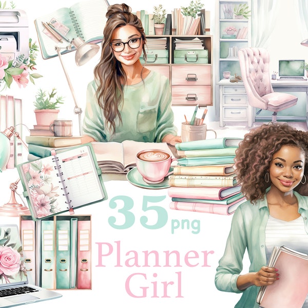 Planner girl clip art, Planner black girl clipart, home office clipart, black Girl boss png, Craft png, Crafty girl png, Journaling Clipart