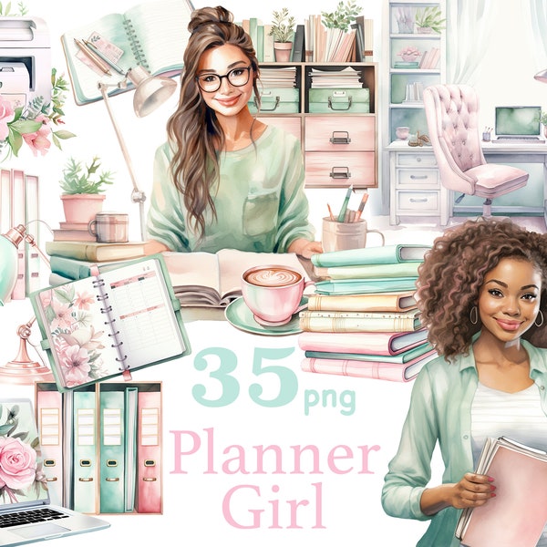 Planner girl clip art, planner black girl clipart, clipart home office, black girl boss png, craft png, crafty girl png, clipart de journalisation