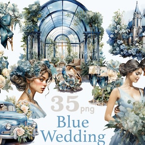 Aquarell Hochzeit Clipart, Hochzeit Auto, Ehe Clipart, Blaue Hochzeit PNG, Dusty Blau Blumen Clipart, Braut Aquarell Clipart Bundle