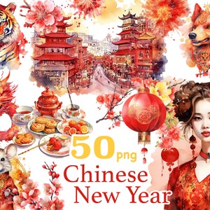 Chinees Nieuwjaar clipart, traditionele China aquarel graphics, Chinese Zodiac Clipart, Dierentekens China digitaal, Chinese draak clipart