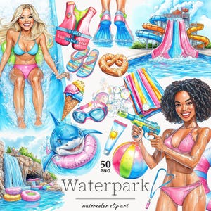 Waterpark Clipart zomer PNG bundel heldere kleurrijke Aqua Park attracties png Floaties Splash illustraties zwemmen vakantie digitale download