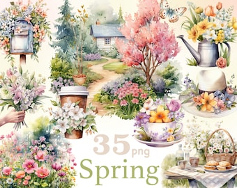 Spring Watercolor Clipart: Farmhouse Garden PNG (Digital Download)
