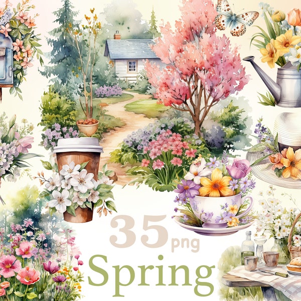 Frühling Aquarell Clipart, Frühling Garten Clipart, Bauernhaus Frühling Clipart, Bauernhaus Frühling png, hallo Frühling Aquarell Clipart, Bauernhof png