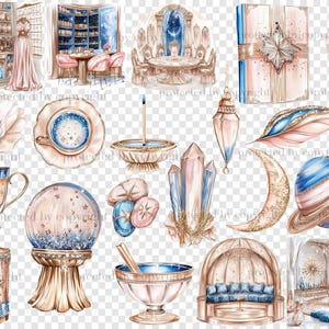 May include: Watercolor illustrations of mystical objects, including a crystal ball, a sword with a pink bow, a book, a planet, a crescent moon, and a teacup. The color palette includes pink, blue, and gold accents, creating a whimsical and enchanting aesthetic.