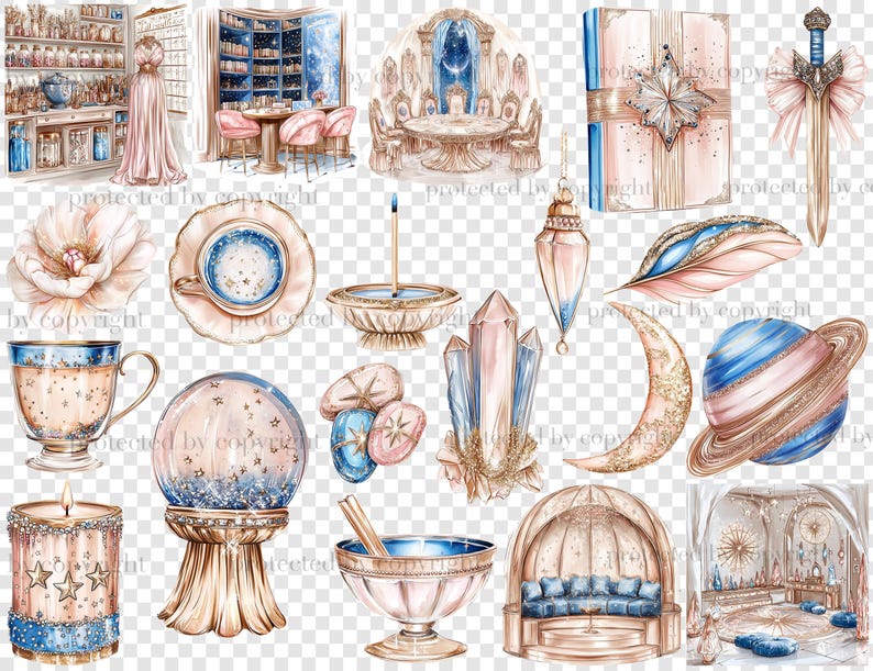 May include: Watercolor illustrations of mystical objects, including a crystal ball, a sword with a pink bow, a book, a planet, a crescent moon, and a teacup. The color palette includes pink, blue, and gold accents, creating a whimsical and enchanting aesthetic.