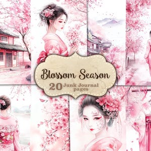 Páginas de diario basura de flores de cerezo, collage de imágenes de flores de cerezo rosa, papel imprimible asiático, efímera japonesa