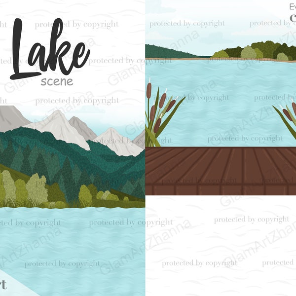 Clipart de scènes de lac, clipart de scènes d'été pour les autocollants de planificateur, créateur de scène de pêche, clipart de canne à pêche, scène de montagne, vie de lac