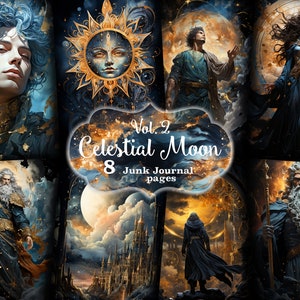 Junk Journal druckbares Papier, Junk Journal Zubehör, Celestial Moon Junk Journal Papier, Fantasy digitale Kunst, Moon Journal Kit, Sonne Ephemera