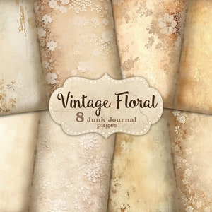 Páginas de diario basura vintage, hoja de collage digital floral, páginas de diario basura sepia, diario basura de papel antiguo, página de diario basura imprimible