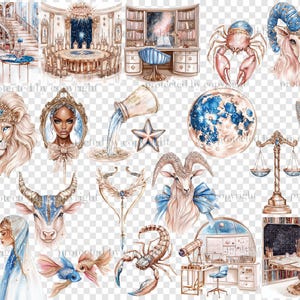 May include: Watercolor illustrations of zodiac signs and celestial elements. The image features a lion, ram, crab, and other astrological symbols. The artwork includes a moon, scales, and a desk with a telescope, all in a soft, pastel color palette.