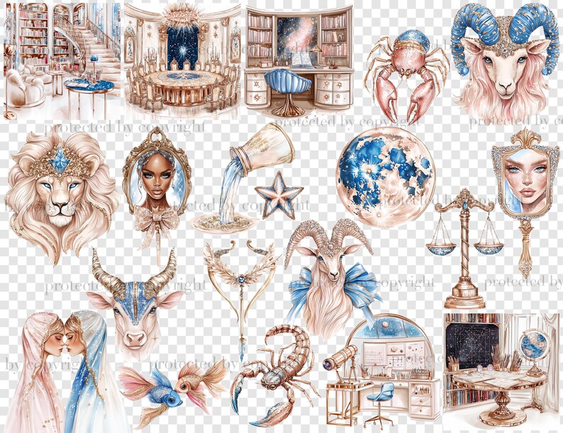 May include: Watercolor illustrations of zodiac signs and celestial elements. The image features a lion, ram, crab, and other astrological symbols. The artwork includes a moon, scales, and a desk with a telescope, all in a soft, pastel color palette.