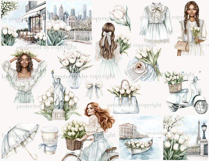 K&ouml;nnte beinhalten: Eine digitale Collage mit verschiedenen Illustrationen von Frauen, Blumen und Stadtansichten. Die Illustrationen sind im Aquarellstil gehalten und haben ein hellblaues und wei&szlig;es Farbschema. Die Collage enth&auml;lt Bilder einer Frau mit einem Strau&szlig; wei&szlig;er Tulpen, einer Frau in einem wei&szlig;en Kleid, einer Frau, die mit einem Korb voller wei&szlig;er Tulpen Fahrrad f&auml;hrt, einer Frau, die vor der Freiheitsstatue steht, einer Frau, die in einem Caf&eacute; sitzt, einer Frau, die einen Roller f&auml;hrt, und einer Gondel in Venedig.