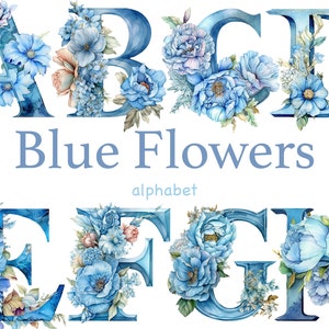 Blaue Pfingstrosen, Alphabet Buchstaben, blaue Blumen Alphabet, blaue Blumen, Babypartyeinladung, Geburtstagseinladung, Babypartyeinladung