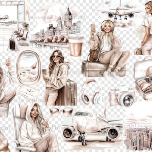 May include: A digital illustration set of travel themed images. The set includes a woman with a suitcase, a woman with a backpack, a woman on a plane, a woman in an airport, a plane taking off, a city skyline, a suitcase with items packed inside, a pair of headphones, a camera, and a pair of sunglasses.