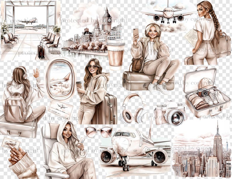May include: A digital illustration set of travel themed images. The set includes a woman with a suitcase, a woman with a backpack, a woman on a plane, a woman in an airport, a plane taking off, a city skyline, a suitcase with items packed inside, a pair of headphones, a camera, and a pair of sunglasses.