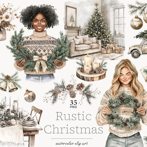 Clipart Noël rustique, clipart Noël neutre, clipart Noël beige, clipart Noël fille noire, Noël femme png, hiver chaud png