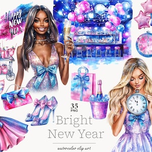 Clipart lumineux nouvel an Coquette clipart nouvel an fête du nouvel an png rose célébration party girls PNG bonne année 2025 téléchargement png