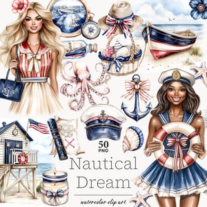 Nautische clipart PNG, zeemansmeisje en zeilboot graphics, oceaan en schelp zomervakantie digitale bestanden, mariene png, digitale download