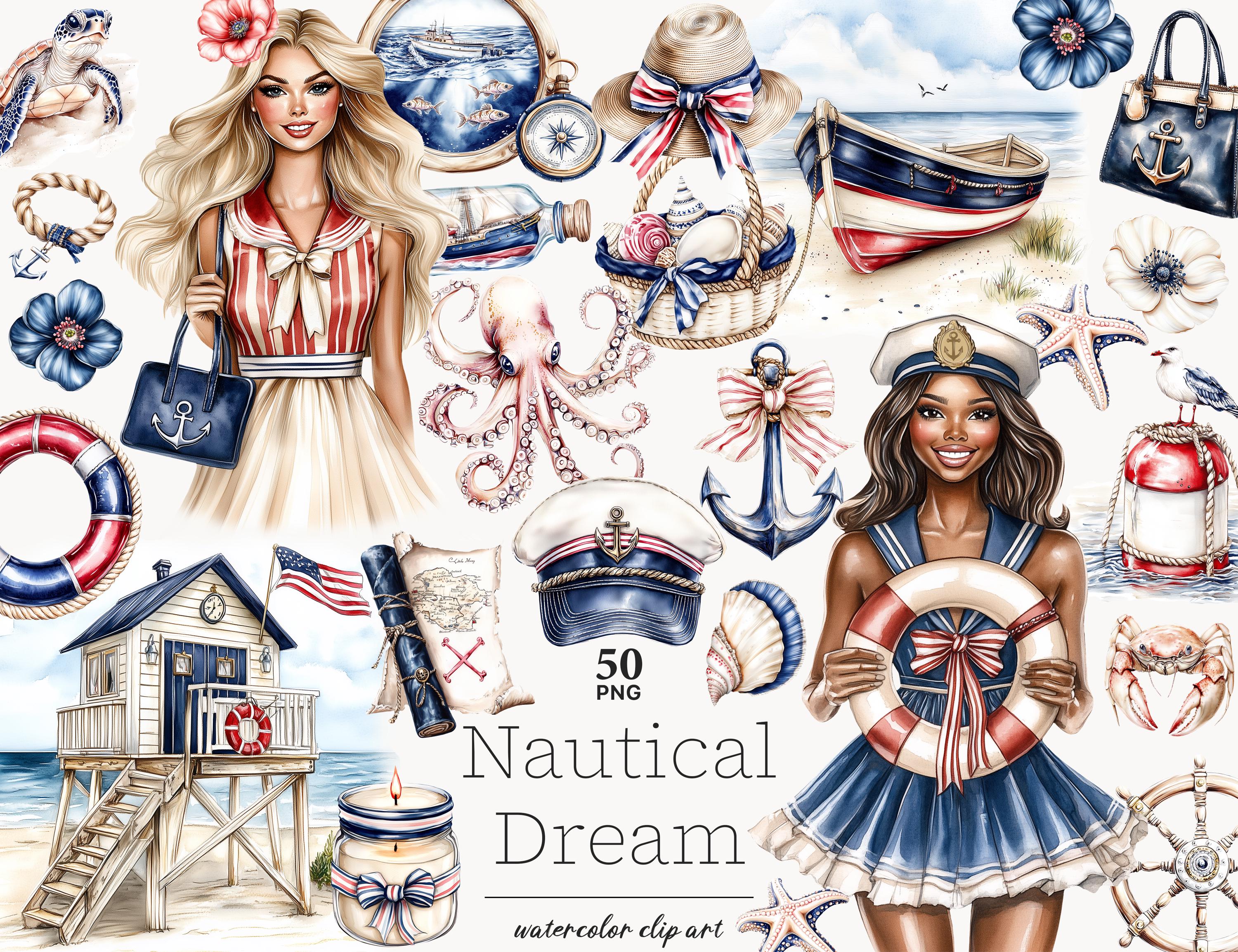 Nautical Clipart PNG, Sailor Girl and Sailboat Graphics, Ocean and Seashell Summer Vacation Digital Files, Marine png, Digital Download