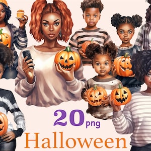 Imágenes prediseñadas de Halloween para niños pequeños, imágenes prediseñadas de truco o trato, gráficos imprimibles de Halloween, imágenes prediseñadas de niña negra de otoño, png de mujer de Halloween, png boo