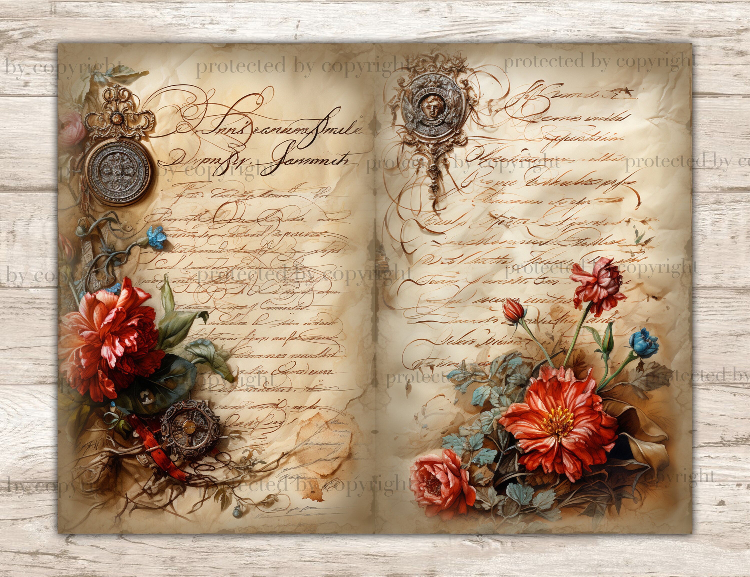 Red Roses Junk Journal Pages – Vintage Floral Printable