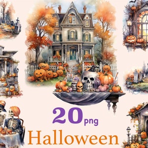 Clipart de scène de maison hantée, Trick or Treat clipart, clipart de porche d'halloween, graphiques imprimables d'Halloween, png de clipart de fenêtre d'Halloween