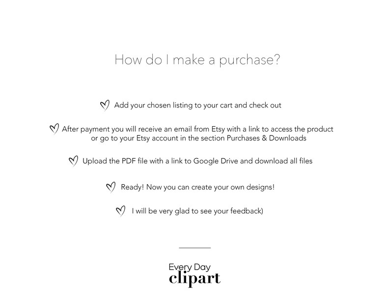 Pu&ograve; includere: Grafica bianca con il testo "Come faccio ad acquistare?" e istruzioni per l'acquisto di prodotti digitali su Etsy. Include i passaggi per l'aggiunta al carrello, l'accesso ai file e la creazione di design. Il logo Every Day clipart &egrave; in basso.