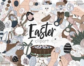 Neutral Easter Clipart: Bunny, Eggs, Spring Graphics (PNG)