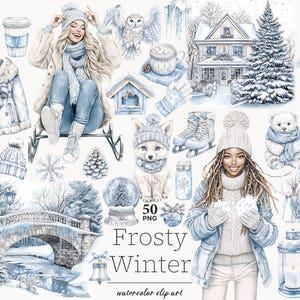 May include: Watercolour illustrations of winter scenes and accessories in shades of blue and white. Includes a woman on a sled, a house, a fox, a polar bear, ice skates, and the text "Frosty Winter".