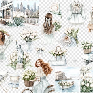 K&ouml;nnte beinhalten: Eine digitale Collage mit verschiedenen Illustrationen von Frauen, Blumen und Stadtansichten. Die Collage enth&auml;lt Bilder einer Frau in einem wei&szlig;en Kleid, einer Frau mit einem Strau&szlig; wei&szlig;er Blumen, einer Frau auf einem Fahrrad, einer Stadtlandschaft mit Wolkenkratzern und einem Roller mit einem Korb voller wei&szlig;er Blumen.