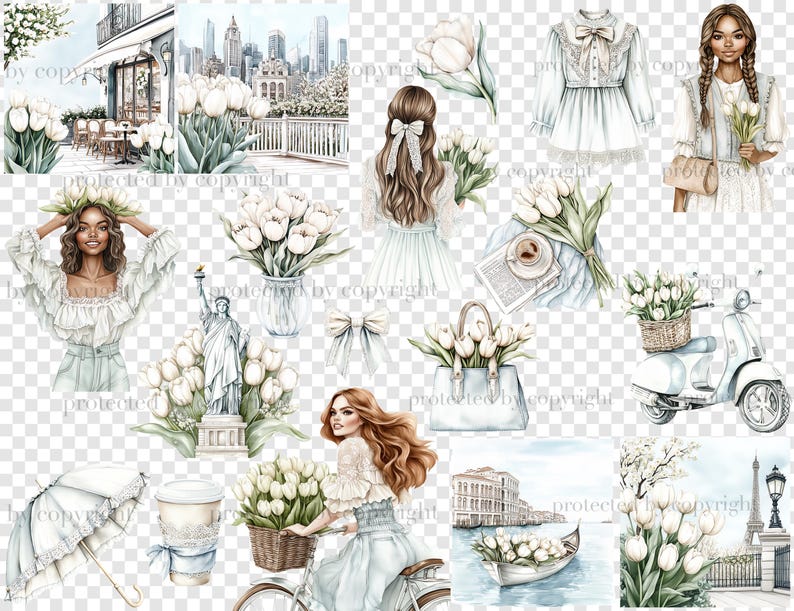 K&ouml;nnte beinhalten: Eine digitale Collage mit verschiedenen Illustrationen von Frauen, Blumen und Stadtansichten. Die Collage enth&auml;lt Bilder einer Frau in einem wei&szlig;en Kleid, einer Frau mit einem Strau&szlig; wei&szlig;er Blumen, einer Frau auf einem Fahrrad, einer Stadtlandschaft mit Wolkenkratzern und einem Roller mit einem Korb voller wei&szlig;er Blumen.